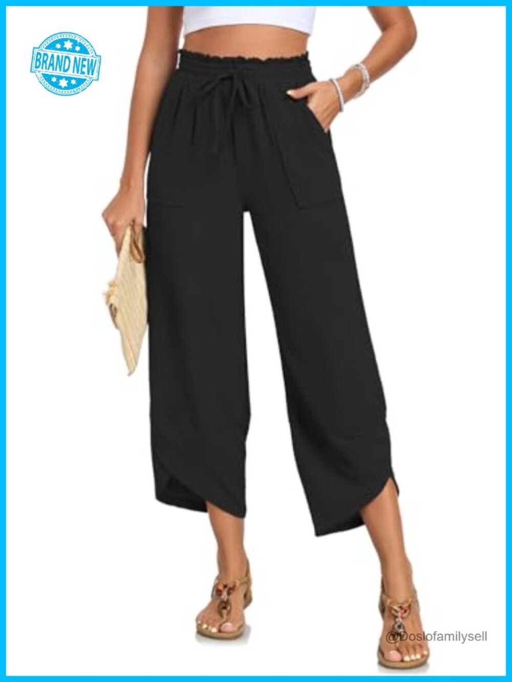 Women's Wide Leg Capri Pants High Waist Casual Cropped Palazzo with Pockets